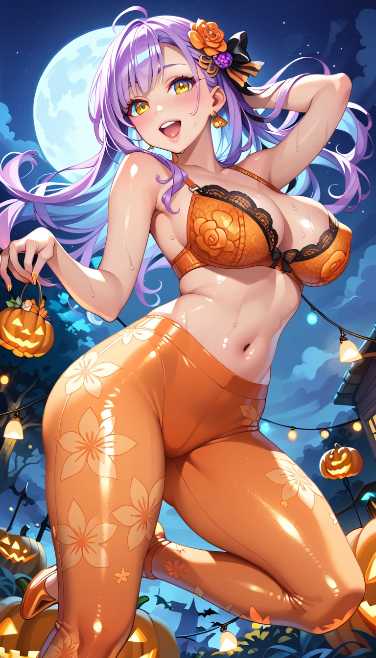 Big Breasts、Shiny skin、Exposed nipples、Halloween Hair Ornaments、Transparent orange embroidered lingerie、(Masterpiece:1.3),Dynamic pose,(Orange glitter embroidered bra:1.2),Shiny skin,Delicate depiction,Depiction of light,Full-body composition,Tropical light brown hair、Purple hair tips、Medium gradation transparent hair with orange ash tips, ((1 female)), Erotic, desire, desire, charm, sexy,  Big Breasts, Big Ass, joy, Excited, sweat,(Transparent floral leggings only:1.1). Delicate and beautiful eyes, Beautiful lip detail, Highly detailed eyes and face, Long eyelashes, Calm expression, Soft Lighting, Halloween party venue, ，((Halloween night lights))