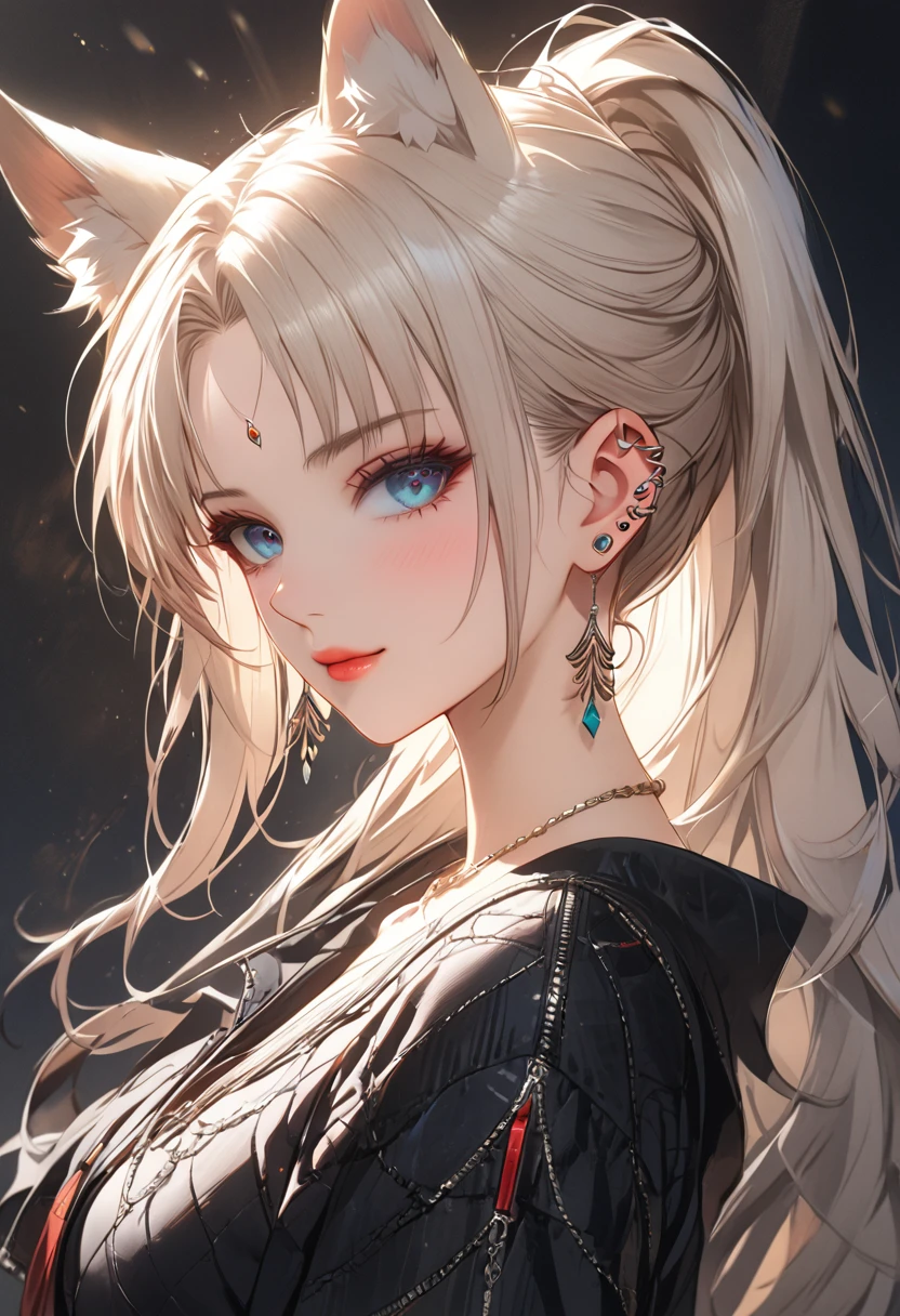 A stylish oversized sweater with a graphic design, skinny jeans, fashionable boots, beautiful detailed face, beautiful detailed eyes, beautiful detailed lips, highly detailed,8k, highres, masterpiece, ultra-detailed, studio lighting, vivid colors, fashion, trending, stylish, elegant, cinematic lighting,full body , Feixiao, animal ears, long hair, ponytail, gradient hair, white hair, blue eyes, forehead jewel, ear piercing, hair ornament
