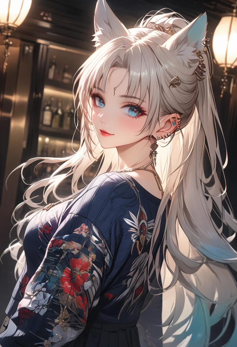 A stylish oversized sweater with a graphic design, skinny jeans, fashionable boots, beautiful detailed face, beautiful detailed eyes, beautiful detailed lips, highly detailed,8k, highres, masterpiece, ultra-detailed, studio lighting, vivid colors, fashion, trending, stylish, elegant, cinematic lighting,full body , Feixiao, animal ears, long hair, ponytail, gradient hair, white hair, blue eyes, forehead jewel, ear piercing, hair ornament
