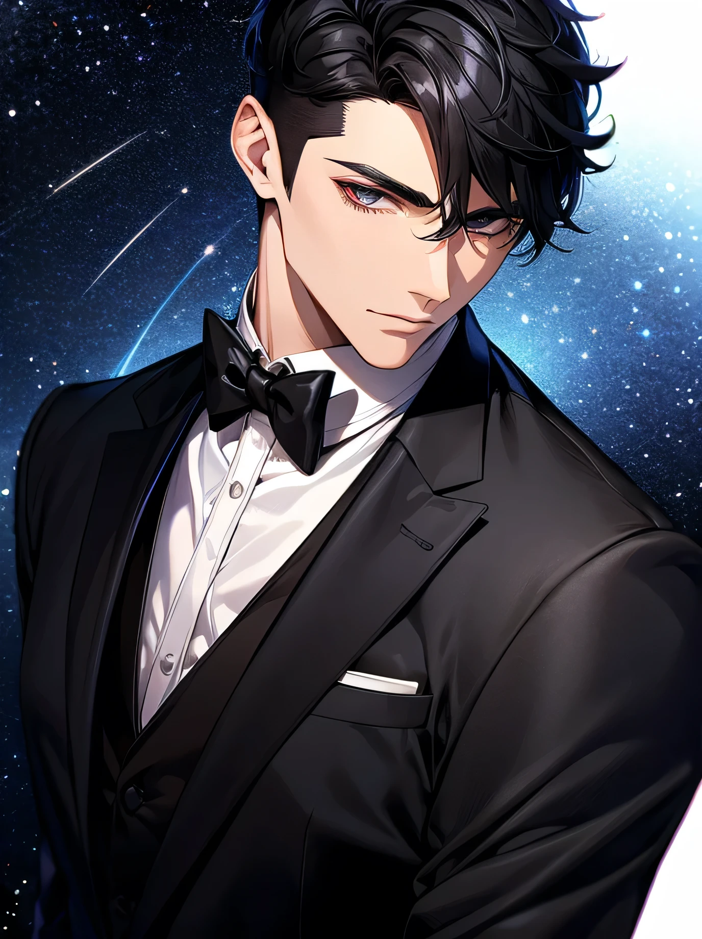 Personal Handsome Short cut Shaved head Black Hair male Black Tuxedo formal Upper Body Background Universe Face close-up