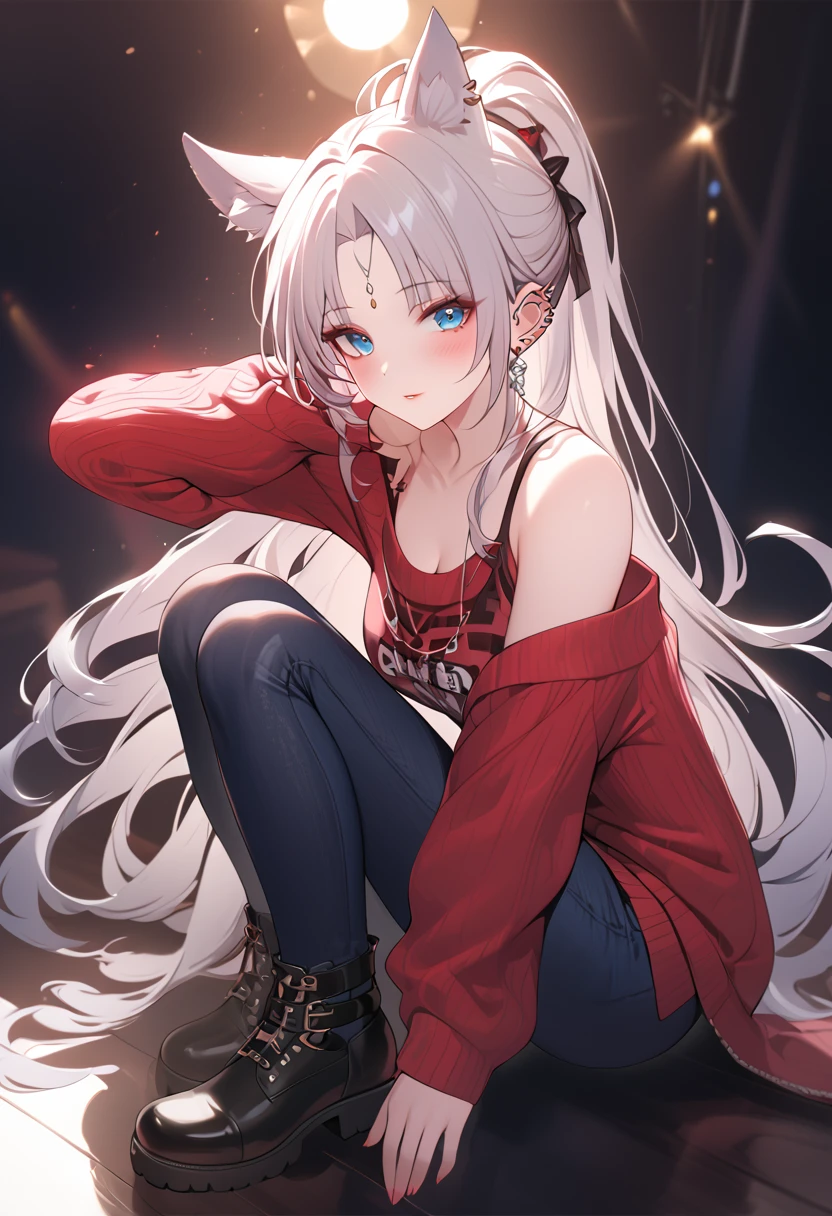 A stylish oversized sweater with a graphic design, skinny jeans, fashionable boots, beautiful detailed face, beautiful detailed eyes, beautiful detailed lips, highly detailed,8k, highres, masterpiece, ultra-detailed, studio lighting, vivid colors, fashion, trending, stylish, elegant, cinematic lighting,full body , Feixiao, animal ears, long hair, ponytail, gradient hair, white hair, blue eyes, forehead jewel, ear piercing, hair ornament
