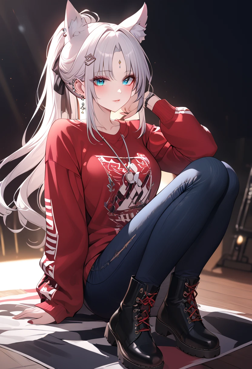 A stylish oversized sweater with a graphic design, skinny jeans, fashionable boots, beautiful detailed face, beautiful detailed eyes, beautiful detailed lips, highly detailed,8k, highres, masterpiece, ultra-detailed, studio lighting, vivid colors, fashion, trending, stylish, elegant, cinematic lighting,full body , Feixiao, animal ears, long hair, ponytail, gradient hair, white hair, blue eyes, forehead jewel, ear piercing, hair ornament
