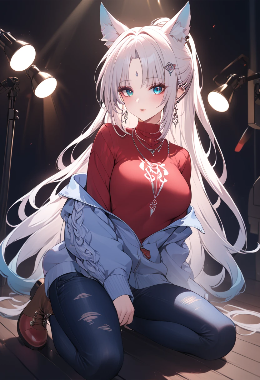 A stylish oversized sweater with a graphic design, skinny jeans, fashionable boots, beautiful detailed face, beautiful detailed eyes, beautiful detailed lips, highly detailed,8k, highres, masterpiece, ultra-detailed, studio lighting, vivid colors, fashion, trending, stylish, elegant, cinematic lighting,full body , Feixiao, animal ears, long hair, ponytail, gradient hair, white hair, blue eyes, forehead jewel, ear piercing, hair ornament
