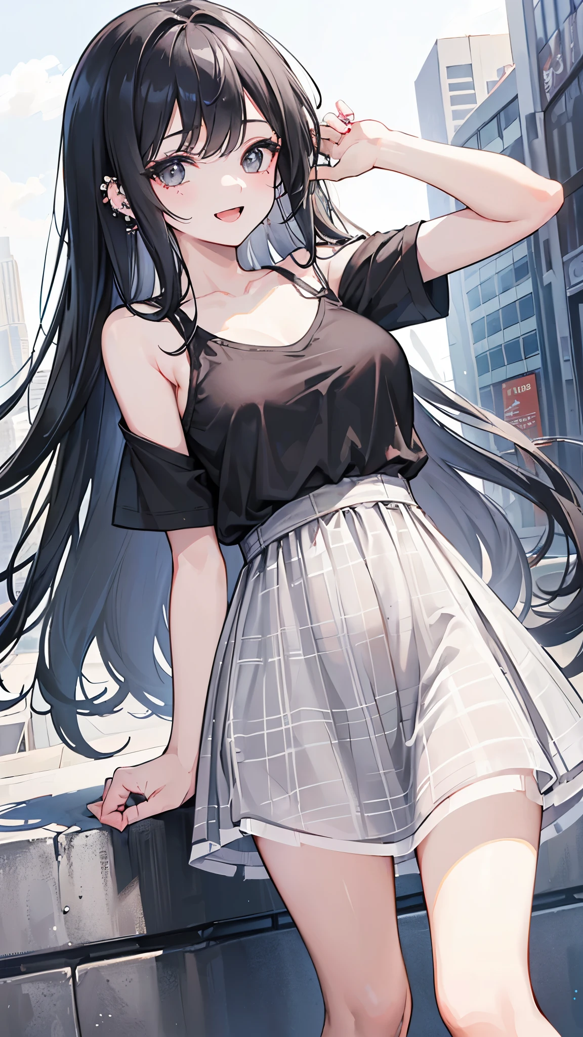 a beautiful detailed brunette girl with blue eyes, parted lips, wearing a white t-shirt and black mini skirt, with medium breasts, a detailed face, long pink loose hair, propped up against a wall with graffiti, looking at the viewer, bright colored, (best quality,4k,8k,highres,masterpiece:1.2),ultra-detailed,(realistic,photorealistic,photo-realistic:1.37)