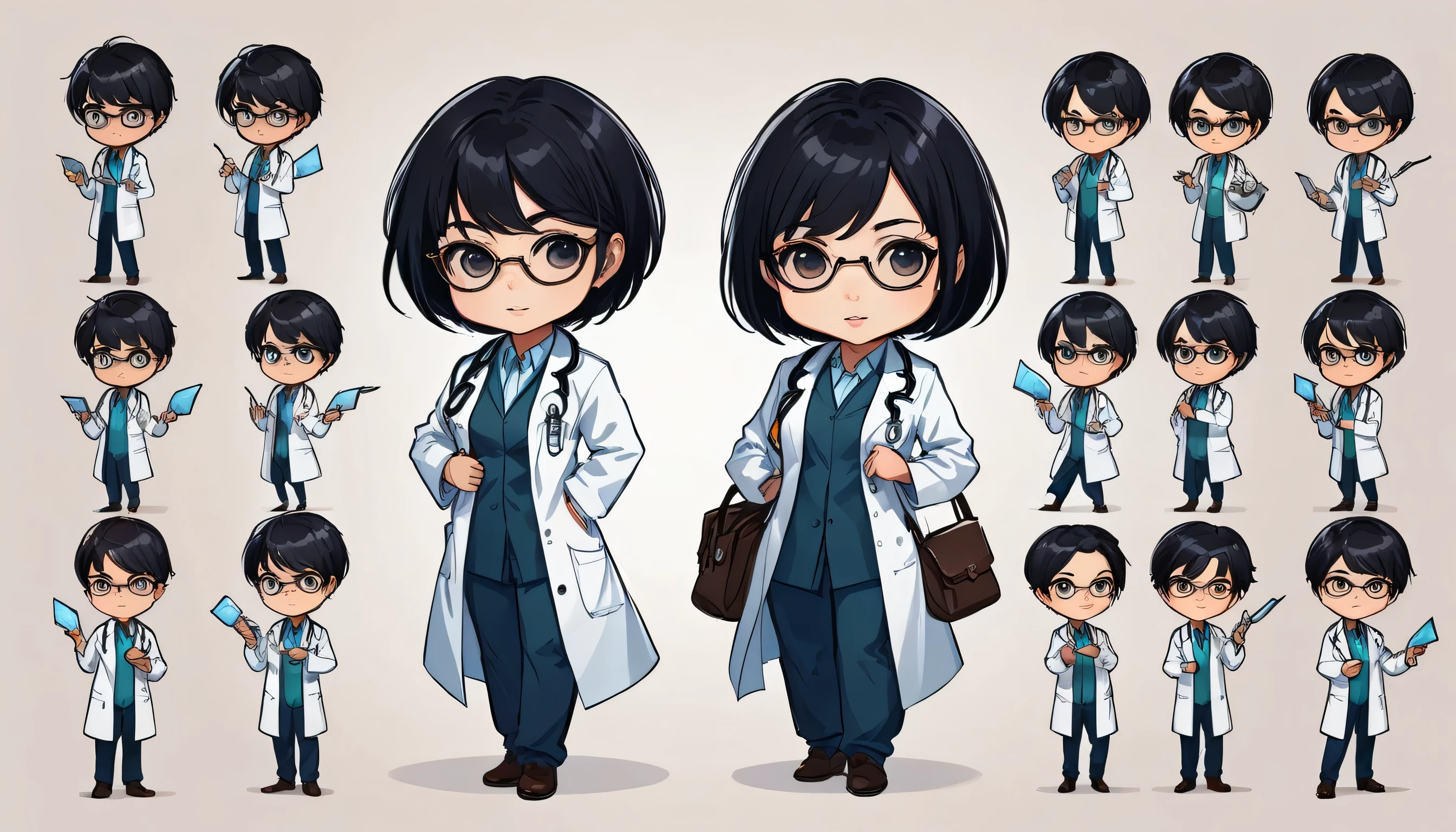 chibi style illustration magical doctor with short hair,black hair. who wore glasses, man and a lab coat, putting her hand into her bag, detailed character sheet, multiple poses, multiple angles line stamps, 40 divisions, funny , various poses and expressions