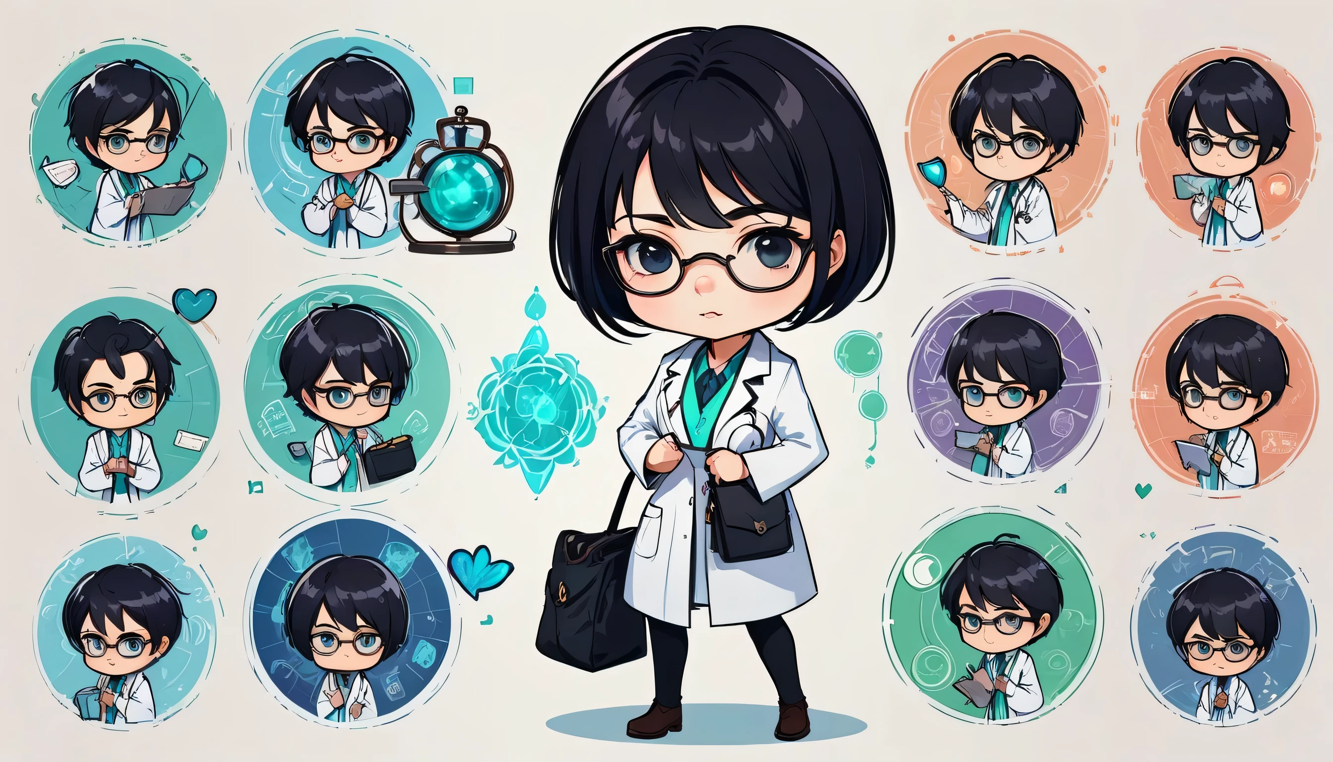 chibi style illustration magical doctor with short hair,black hair. who wore glasses, man and a lab coat, putting her hand into her bag, detailed character sheet, multiple poses, multiple angles line stamps, 40 divisions, funny , various poses and expressions