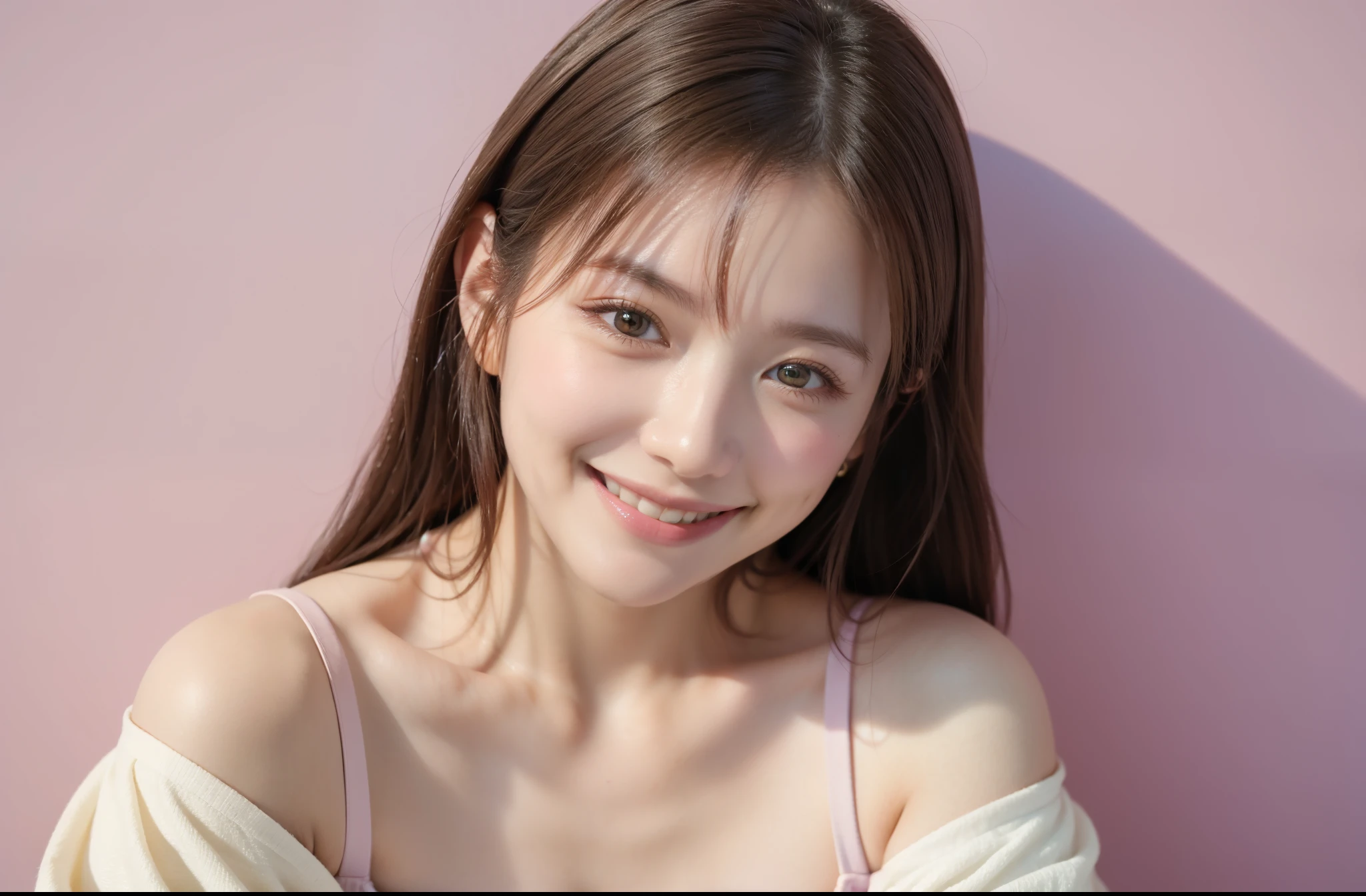 Full body, highest quality, Are standing, 性的にInvitingポーズ, masterpiece, Ultra-high resolution, (Realistic:1.4), (portrait facing each other) RAW Photos, 1 girl, 10 years old,((younger sister)),((Beautiful straight long hair, Brown Hair)),((Looking up at the audience)),Realistic,((Simple solid color background)), naked, slender, My chest is visible, Abnormally small breasts, Non-existent breasts, Nipples are visible, 乳首がAre standing , pretty pink nipples, Genitals are visible, Pink genitals, Prominent genitalia, mucus dripping from the genitals,)),((Smiling with teeth showing)),Excited expression, Inviting, Red cheeks, red nose, Bedroom Background
