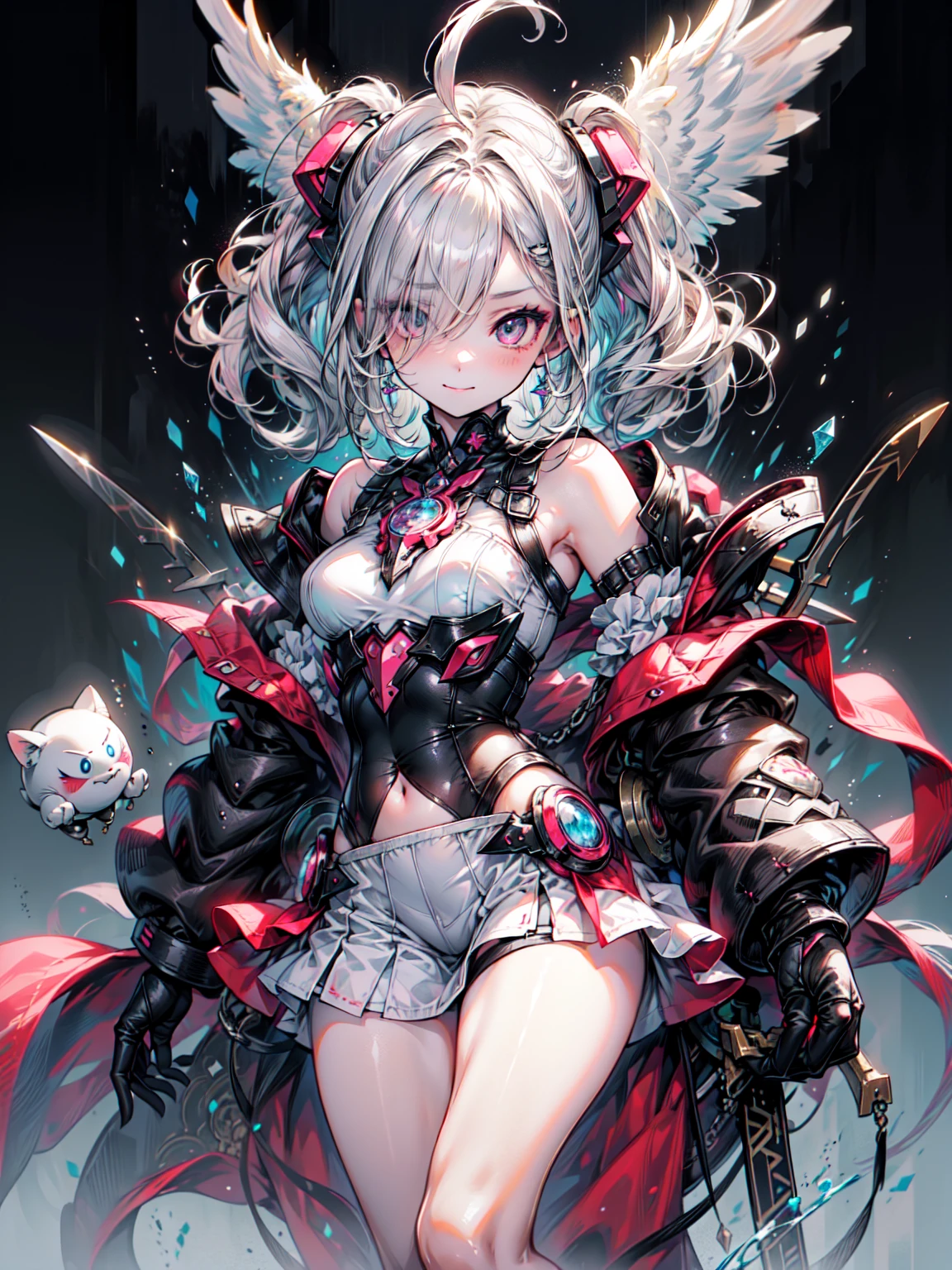 ((4k yen,masterpiece,Highest quality)), Maxi Kit, One girl dresses modestly, alone, whole body, Wide shot, Are standing, Put your sword down, Gray Hair, Long Hair, Valkyrie, armor, Angel, White bra, Side bangs, from the front, Oversized body, night, mountain, View your viewers、Blake、（Dark Elf), (1 Girl), alone, 優しいsmile、Perfect Face, Get used to it, Ahoge, ((Long Hair:1.2)), [[Messy Hair]], Shiny blonde white hair, Purple eyes, Variegated eyes, Colorful Hair, Shining Eyes, (eyelash, eye shadow, pink eye shadow), bright, smile, Design Art：haruhiko mikimoto, by Kawashi, By Yoshitaka Amano, （Dark brown skin）