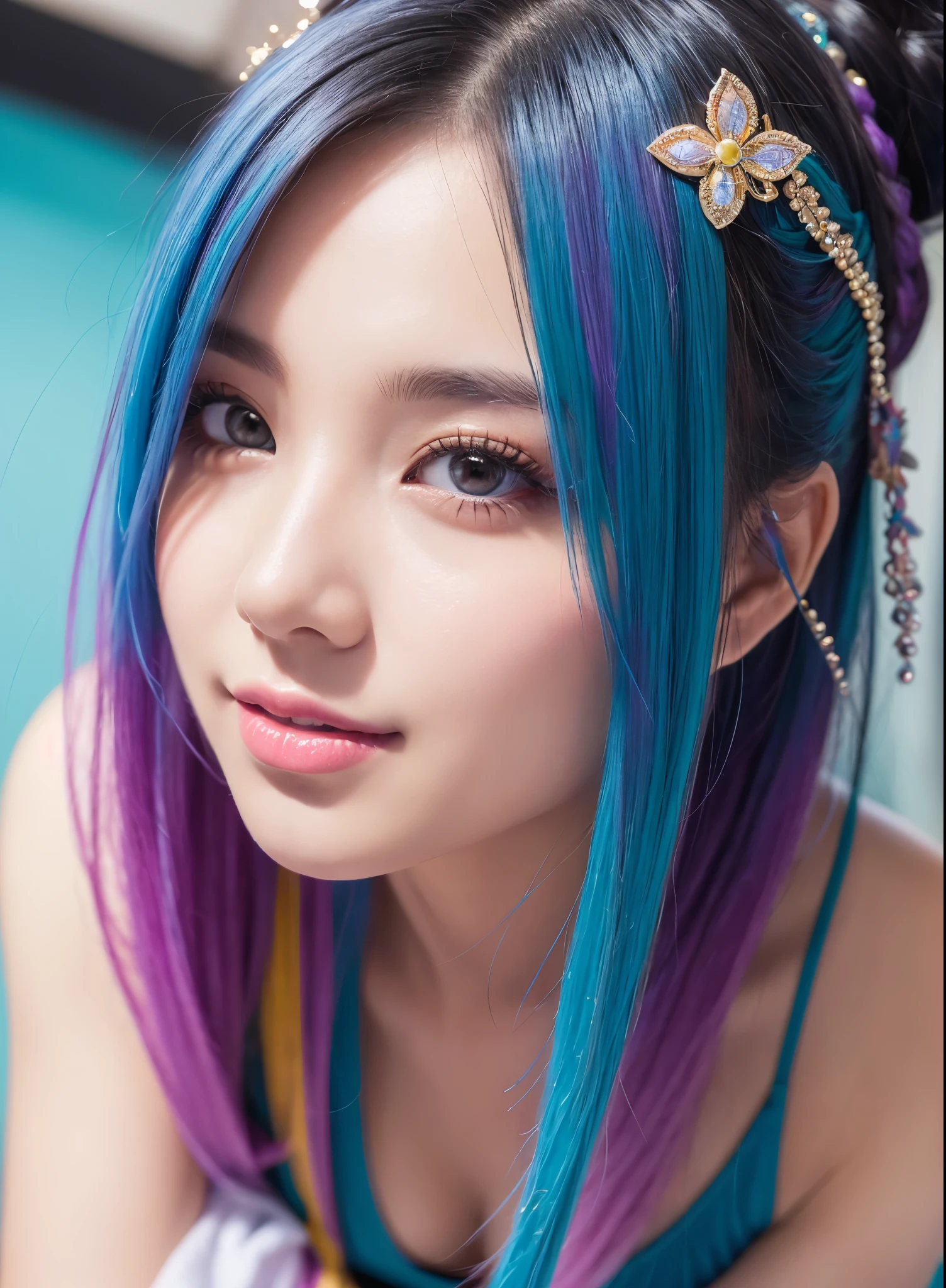 high quality, real、High resolution, Realistic、8k、masterpiece, detailed.impressive, Cutting-edge female photography portraits, Mini Bikini、Soft look、smile、Mid Shot、Looking at the camera、Facing forward、cyan, and purple, Her vibrant makeup really catches the eye.. Her colorful hair is tied up high、Various hair colors