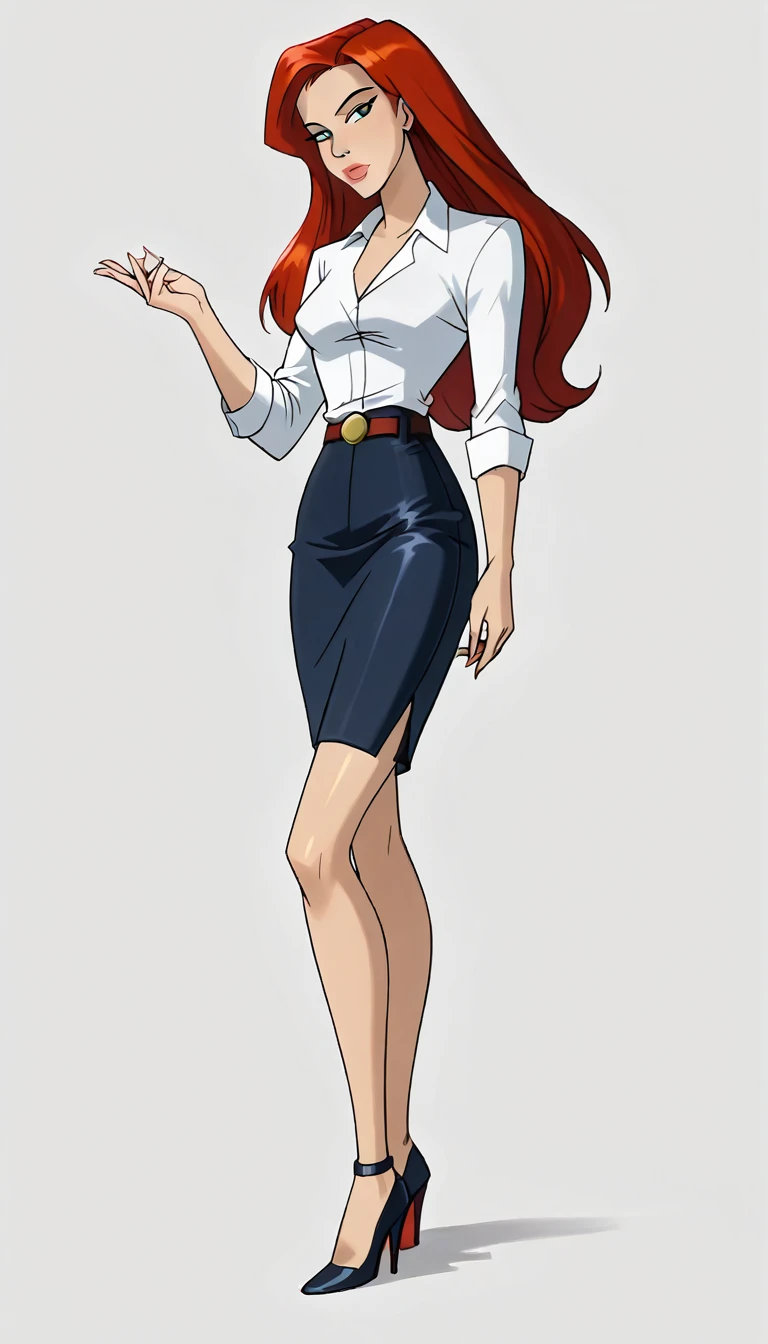 score_9, score_8_up, score_7_up, dcaustyle, 1girl, solo, very sexy (Jean Grey, Evolution, long hair, red hair, green eyes, retro artstyle:1.3), (beautiful waifu, thicc, long legs:1.2), (wearing tight pencil skirt, belt, blouse, high heels:1.4) cleavage, flirt, gaze, sexy look, half-closed eyes, head tilt, filled lips, thick lips, makeup, side view, (cowboy shot) expressiveh d4rk01l, perfect hands, perfect proportions, simple background.