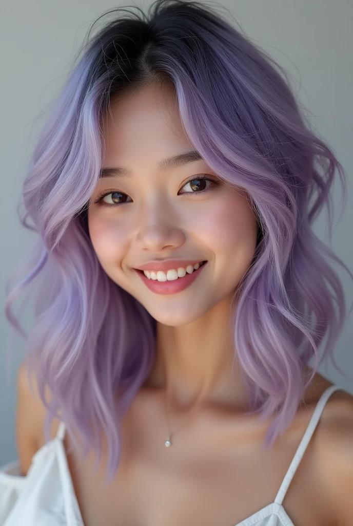Realistic photo of a beautiful sultry woman with light purple long hair, hair roots slightly, half Asian, influencer, light freckles, light brown eyes, light makeup, dark lips, smiling, Instagram, hyperdetailed photography, soft light, head and shoulders portrait, slight cleavage, revealing full shoulders, cover, full body, photography, (wearing a black dress),, good figure

