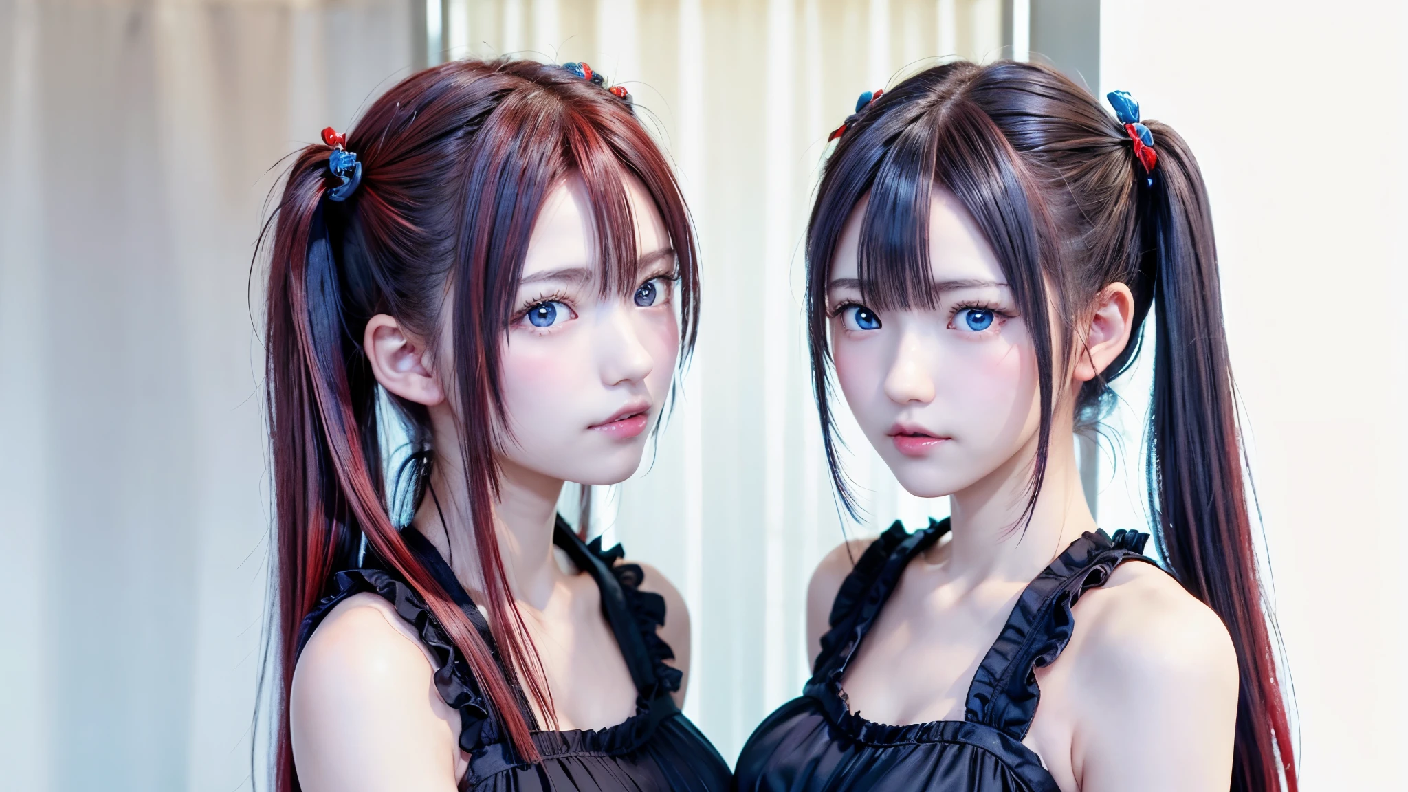 Black and white doe posing for a photo(((two girls wearing dress))), (((beautiful Twins))) , Two girls, black pigtails, beautiful science fiction twins, twin tails, trending on cgstation, twin tails hairstyle, beautiful Twins座, , Trending on cgstation, wlop and sakimichan, Gwaites style artwork