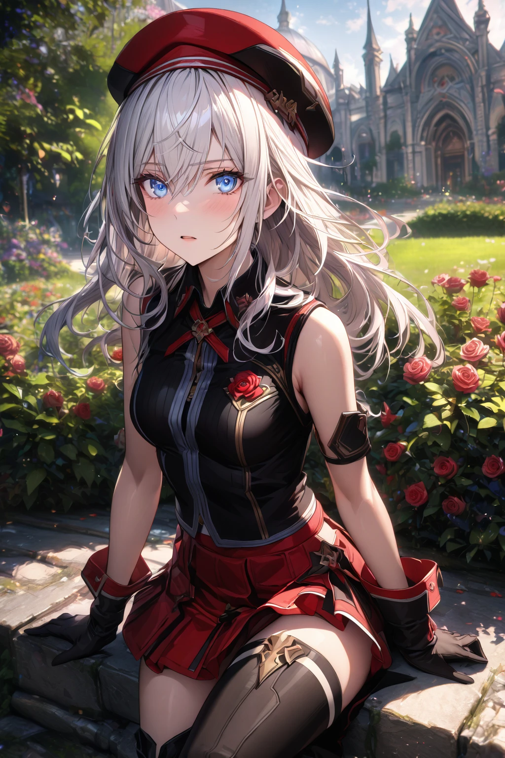 absurdres, highres, ultra detailed, HDR, master piece, detailed eyes, detailed face, Alisa Ilinichina Amiella, white hair, expressive blue eyes, woman sitting, best quality, God eater, solo, fantasy, magical, sensual, glittering, accessories, extremely beautiful, garden, roses, black cropped shirt, red skirt, black boots, red ribbon, red beret, black gloves