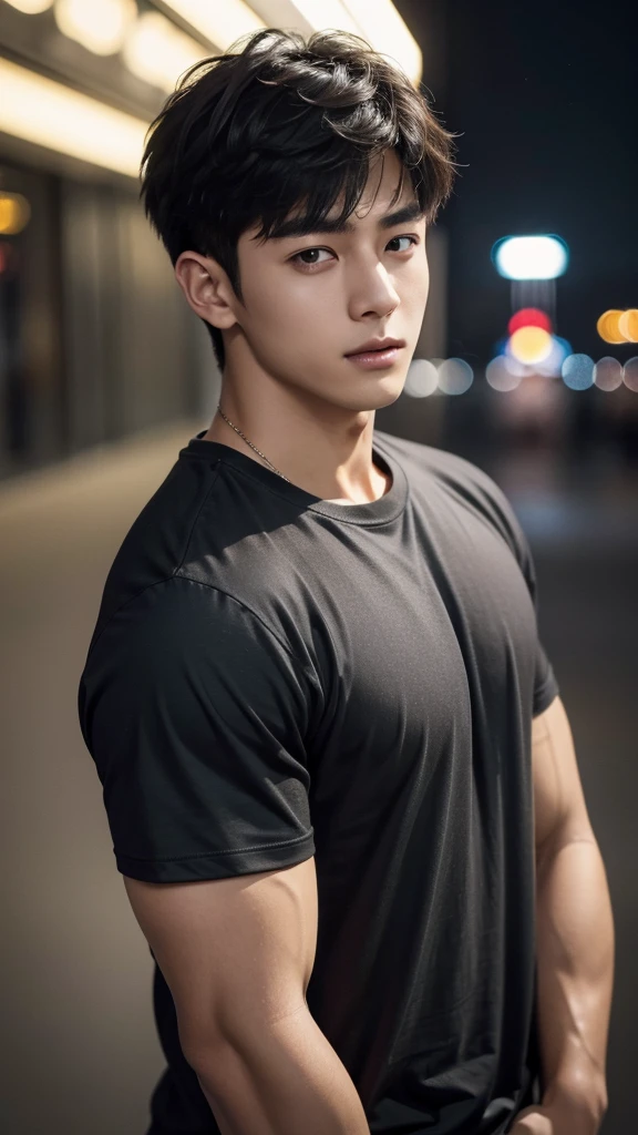 (As a matter of fact, Masterpiece, 8k HD, good light quality, sportswear, fit the face, complicated details), A handsome and muscular young Korean man., Have muscles, (Buzzcut short hair:1.5)  ,(Broad shoulders:1.3), 20 years old, be happy, smile brightly, detailed face, delicate eyes, มองดูsky, (Wear a navy tight T-shirt.:1.9), period, black eyes, Black hair color, ผมsmooth, smooth, outdoor sports, Along the garden, Sunny,sky，