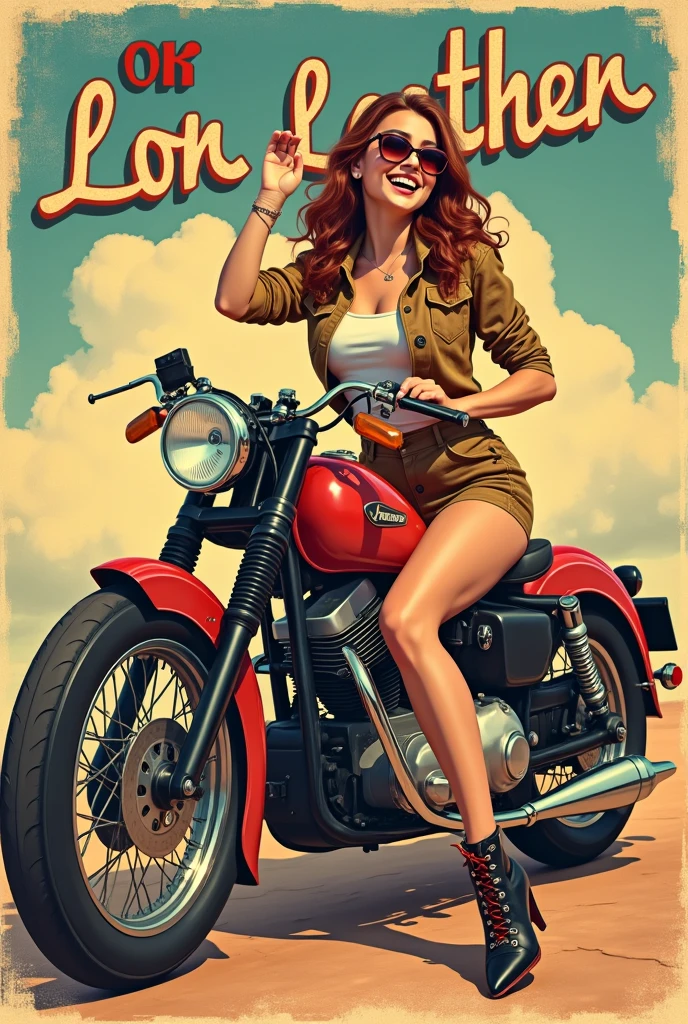 Pin-up girl brunette in motorcycle helmet on old school motorcycle, in red shoes, in fishnet stockings, in a red, sleeveless, checked shirt with an open bust, in denim short shorts, red rose in hair. In the style of old school tattoo. Eldstudio89 in the circle of words: ROCK HARD RIDE FREE