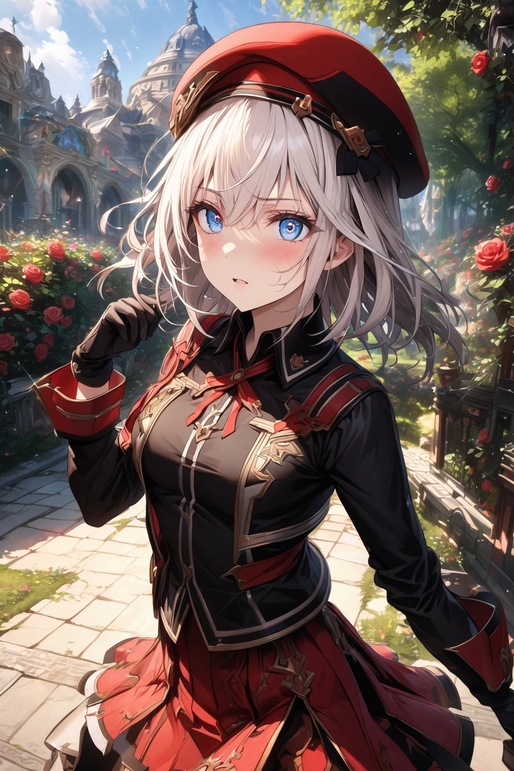 absurdres, highres, ultra detailed, HDR, master piece, detailed eyes, detailed face, Alisa Ilinichina Amiella, white hair, expressive blue eyes, woman, best quality, God eater, solo, fantasy, magical, sensual, glittering, accessories, extremely beautiful, garden, roses, black cropped shirt, red skirt, black boots, red ribbon, red beret, black gloves