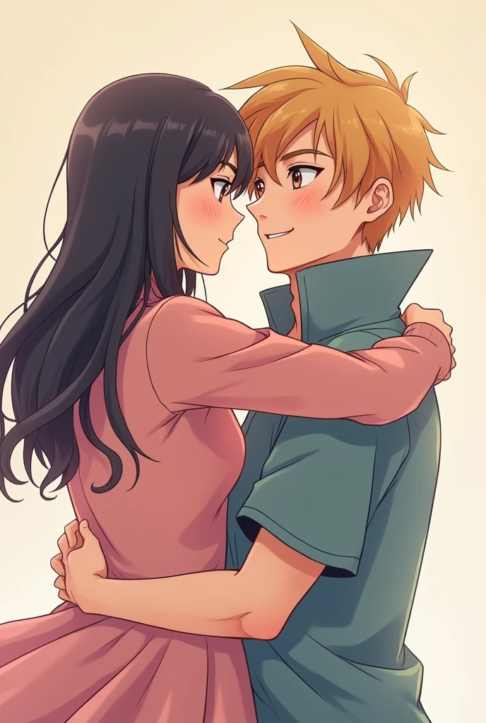 Two people, An adult blond guy with brown eyes, Beautiful inflated body, is holding and hugging an adult girl with long black hair pulled back in a ponytail and blue eyes., anime art, masterpiece, realistically