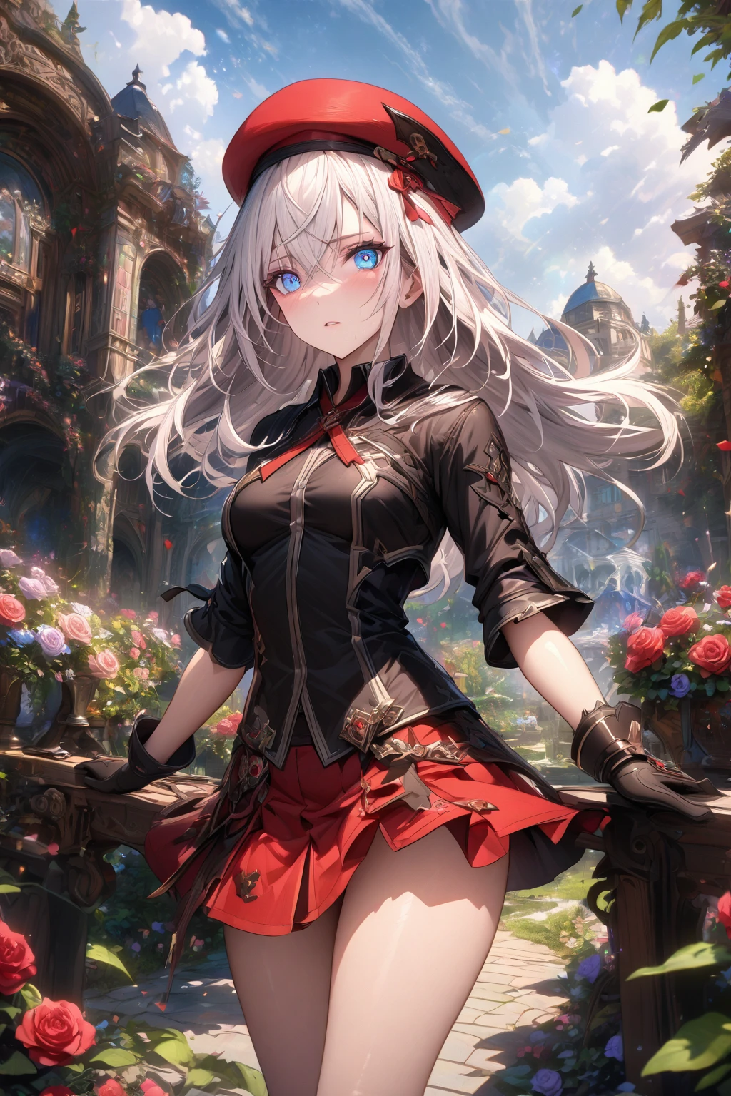 absurdres, highres, ultra detailed, HDR, master piece, detailed eyes, detailed face, Alisa Ilinichina Amiella, white hair, expressive blue eyes, woman, best quality, God eater, solo, fantasy, magical, sensual, glittering, accessories, extremely beautiful, garden, roses, black cropped shirt, red skirt, black boots, red ribbon, red beret, black gloves