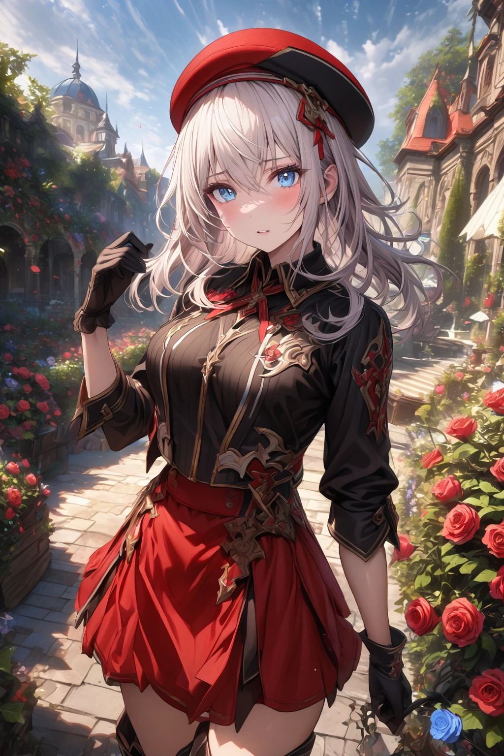 absurdres, highres, ultra detailed, HDR, master piece, detailed eyes, detailed face, Alisa Ilinichina Amiella, white hair, expressive blue eyes, woman, best quality, God eater, solo, fantasy, magical, sensual, glittering, accessories, extremely beautiful, garden, roses, black cropped shirt, red skirt, black boots, red ribbon, red beret, black gloves