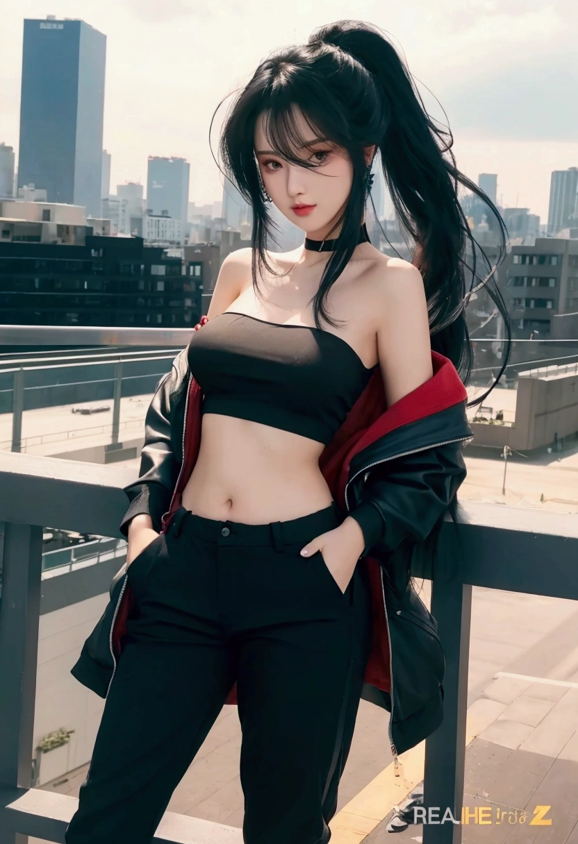 (masterpiece, best quality:1.2), ((small breasts:1.4)), absurdres, highres, extremely detailed, perfect face, 1girl (adult female:1.2), black hair, long hair, messy hair, black eyes, pale skin, white off the shoulder sweater, black sport shorts, bulge, black thigh highs, collar, thick thighs, tall, smiling,  otoko no ko, sfw, in group of envy people