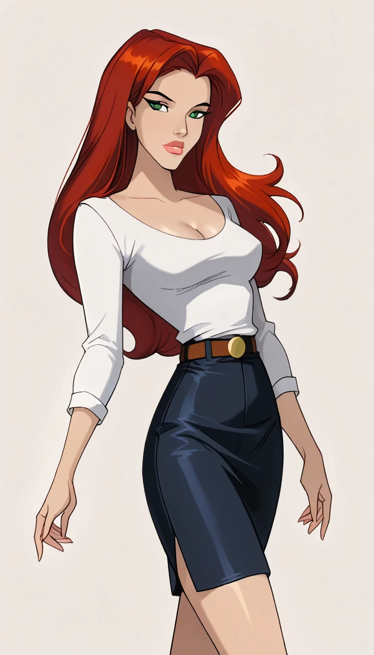 score_9, score_8_up, score_7_up, dcaustyle, 1girl, solo, very sexy (Jean Grey, Evolution, long hair, red hair, green eyes, retro artstyle:1.3), (beautiful waifu, thicc, long legs:1.2), (wearing tight pencil skirt, belt, blouse:1.4) cleavage, flirt, gaze, sexy look, half-closed eyes, head tilt, filled lips, thick lips, makeup, side view, (cowboy shot) expressiveh d4rk01l, perfect hands, perfect proportions, simple background.