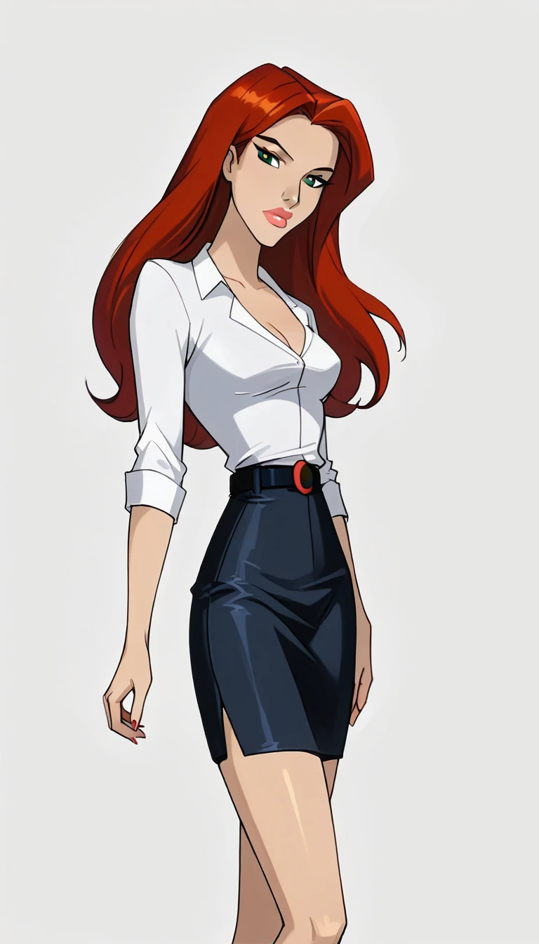 score_9, score_8_up, score_7_up, dcaustyle, 1girl, solo, very sexy (Jean Grey, Evolution, long hair, red hair, green eyes, retro artstyle:1.3), (beautiful waifu, thicc, long legs:1.2), (wearing tight pencil skirt, belt, blouse:1.4) cleavage, flirt, gaze, sexy look, half-closed eyes, head tilt, filled lips, thick lips, makeup, side view, (cowboy shot) expressiveh d4rk01l, perfect hands, perfect proportions, simple background.