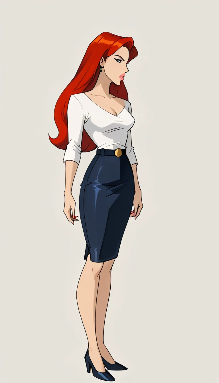 score_9, score_8_up, score_7_up, dcaustyle, 1girl, solo, very sexy (Jean Grey, Evolution, long hair, red hair, green eyes, retro artstyle:1.3), (beautiful waifu, thicc, long legs:1.2), (wearing tight pencil skirt, belt, blouse:1.4) cleavage, flirt, gaze, sexy look, half-closed eyes, head tilt, filled lips, thick lips, makeup, side view, (cowboy shot) expressiveh d4rk01l, perfect hands, perfect proportions, simple background.