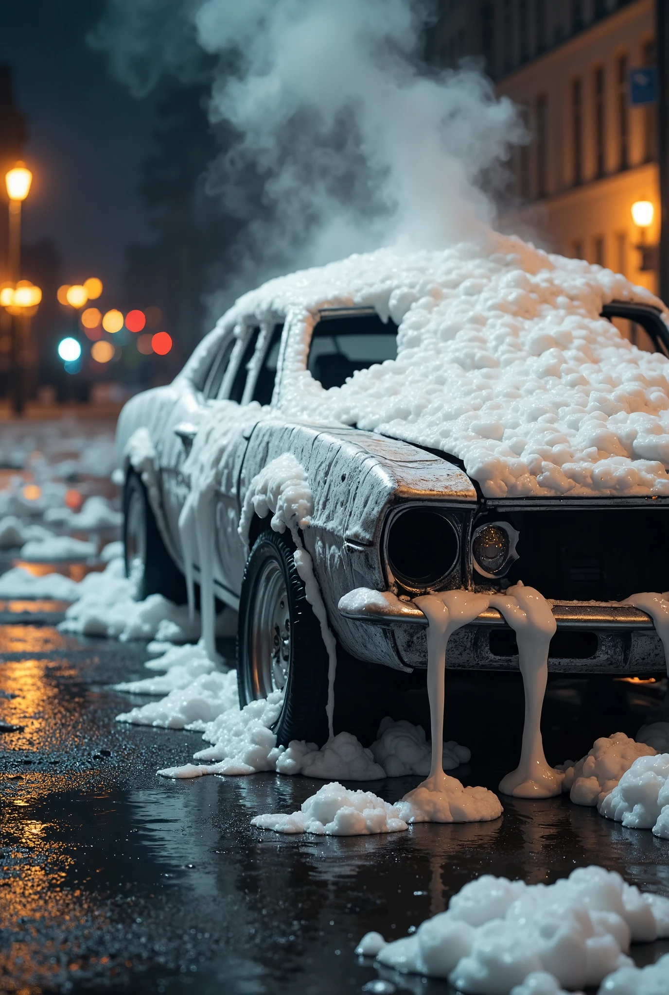 Create a dramatic, ultra-high-fidelity digital masterpiece of a recently extinguished car fire, with thick fire-extinguishing foam covering the charred remains of the vehicle. The foam, white and dense, is spread across the entire car, clinging to its burned and twisted metal surfaces, creating a striking contrast between the dark, scorched body of the car and the bright, frothy foam. The foam dominates the image, its thick, voluminous texture highlighted under the glow of lingering street lights or an emergency scene's illumination.

Smoke still rises from the vehicle, curling into the air in thin wisps, as the heat from the fire meets the cooling effect of the foam. The foam has started to settle, dripping down the sides of the car and pooling on the ground, while small pockets of bubbles catch the light, giving a surreal and almost otherworldly feel to the scene.

The charred remains of the car are visible beneath the foam, with melted tires, broken windows, and warped metal emphasizing the destructive power of the fire. Soft embers and smoke still glow faintly in the background, hinting at the intensity of the fire just moments before. The environment around the car is filled with the remnants of the emergency, with the foam being the central focus, its thick, textured form encapsulating the scene in a quiet, yet dramatic stillness.

The overall composition should capture the raw aftermath of the fire, focusing on the foam's intricate details, the smoke still lingering, and the charred vehicle, evoking a sense of destruction, relief, and eerie calm after chaos.