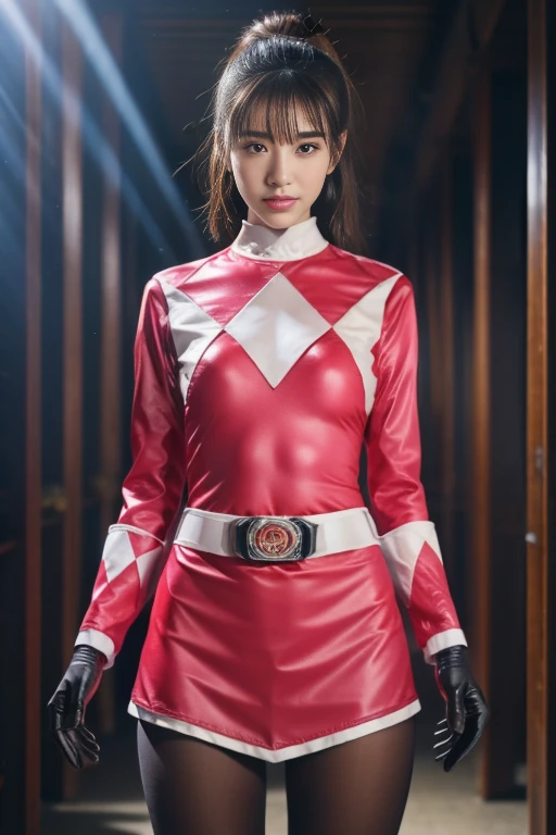 Red power rangers girl, fighting pose holding a sword