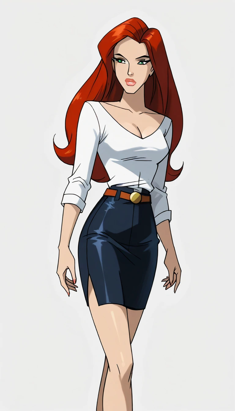 score_9, score_8_up, score_7_up, dcaustyle, 1girl, solo, very sexy (Jean Grey, Evolution, long hair, red hair, green eyes, retro artstyle:1.3), (beautiful waifu, thicc, long legs:1.2), (wearing tight pencil skirt, belt, blouse:1.4) cleavage, flirt, gaze, sexy look, half-closed eyes, head tilt, filled lips, thick lips, makeup, side view, (cowboy shot) expressiveh d4rk01l, perfect hands, perfect proportions, simple background.