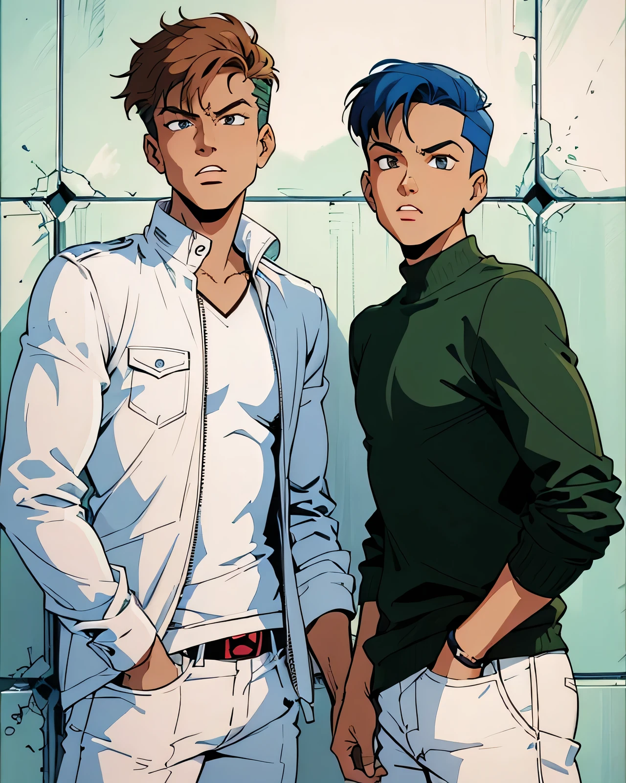 two young boys standing next to each other in front of a wall, profile pic, two young men, cute boys, photoshoot, candid picture, stylish pose, profile picture, casual photography, modeling shoot, brothers, profile picture 1024px, portait photo profile picture, photo shoot, ayan nag, photoshopped, ghutra and egal, very accurate photo((X-men TaS Style)), retro artstyle,90s comic book style,Marvel Comics,X-men the Animated Series