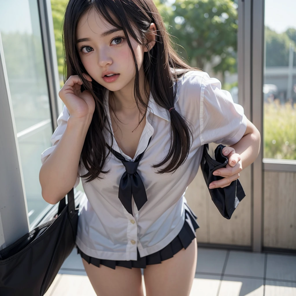 Realistic junior idol, Momo Shiina, school uniform, slender, (see-through), sensual, pretty legs, panties, uniqlo fashion model.