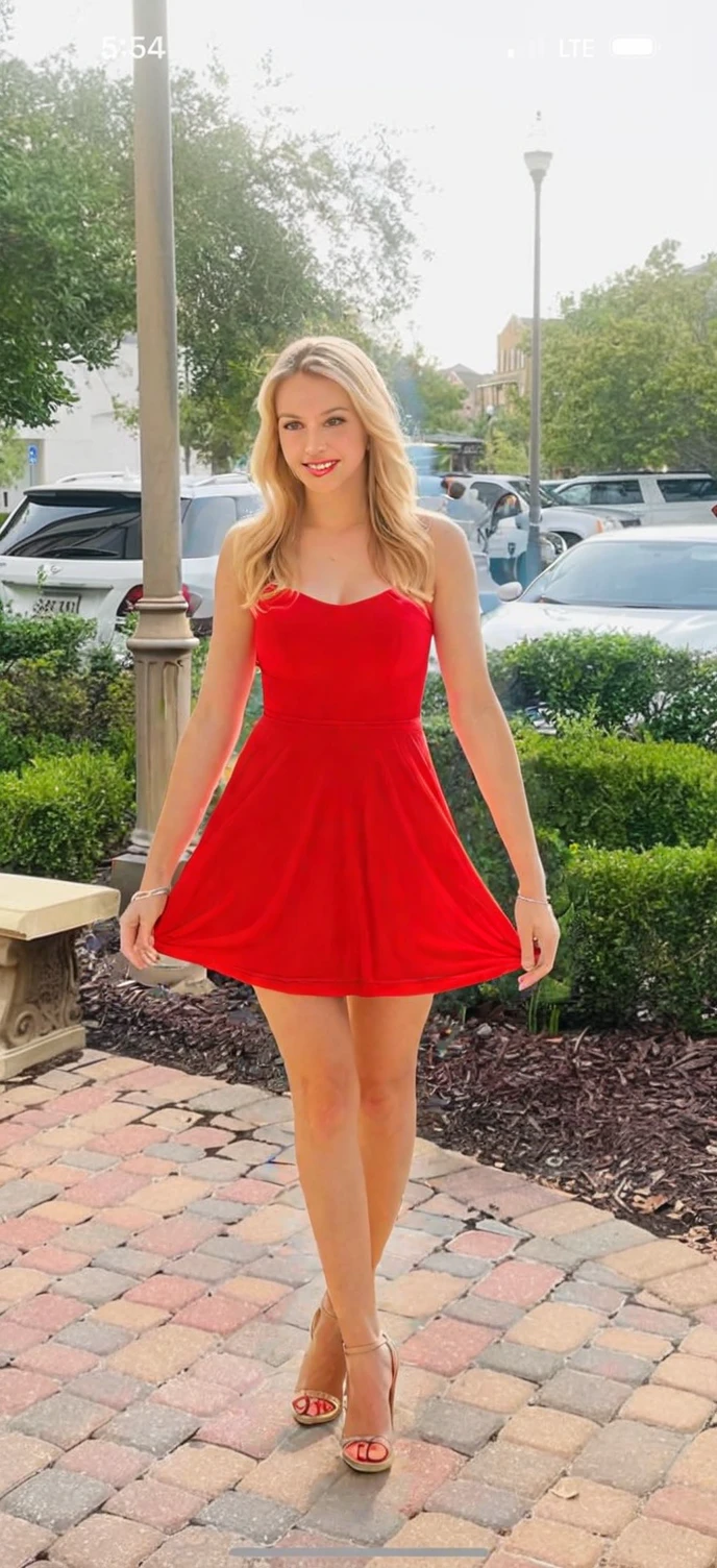 A blonde woman with blue eyes, she is standing, she is dressed in a red dress