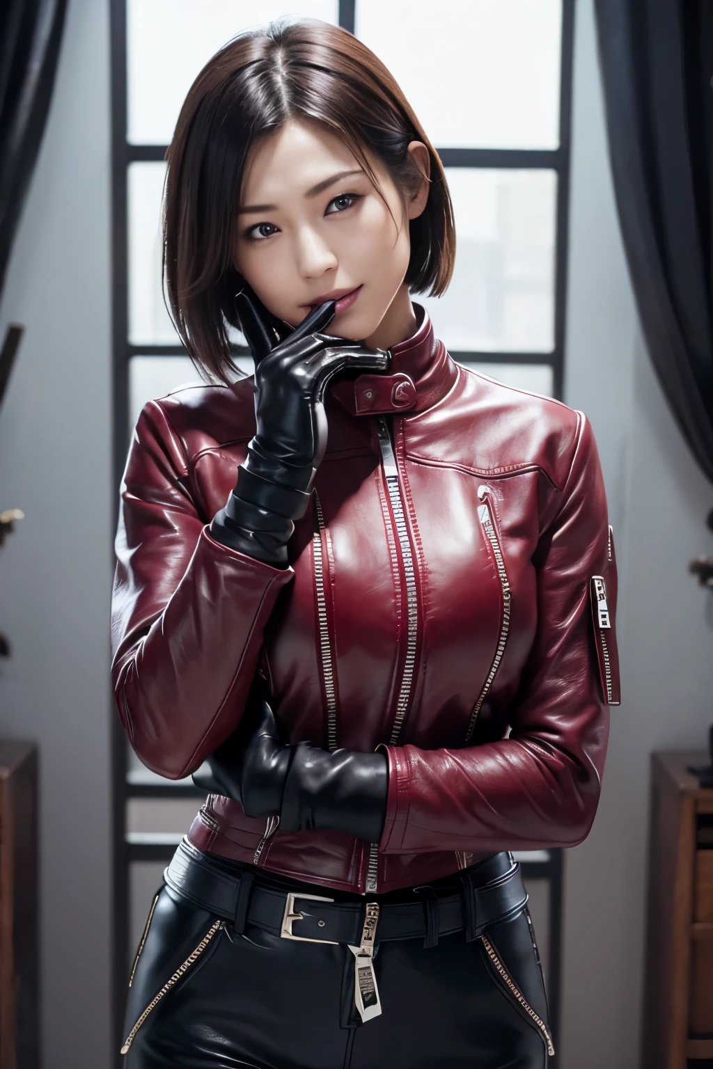 (Realism:1.4),Resident Evil 6,Ada,Short Hair,No background,look at me,A body that makes you want to touch it,foxy make up,The most beautiful stars,Photorealistic,Ultra HD,high quality,masterpiece,Detailed details,Anatomical basis,Depicted in detail,A detailed face,Realistic skin texture,Vivid details,Perfect Anatomy,Perfect Anatomy,Anatomically correct hand,Anatomically correct fingers,Super Detail,Pink Lips,fearless smile,she is Wearing ((long sleeve rider jacket(red leather))(((close the zipper tightly)))) and ((one waist belt)(Black leather)(metal buckle)) and ((Skinny long pants(Black leather))) and ((((gloves)))(black leather)),intelligent and beautiful star model,(chin is thin),Costume made of thick leather fabric,Japanese female new recruits (under huge breasts)(slender body shape)(Black leather gloves cover both hands) ,younger face,cowboy shot photo,