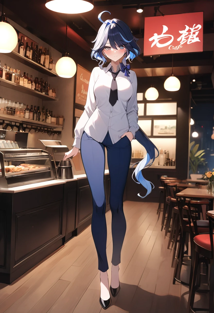 mature woman, long tied black hair, long nose, white polo, black necktie, fitted pants, tall woman, long legs, full body, tall woman, long legs, big , skinny legs, anime cover, 1girl, ear piercings, hands in pockets, adult-like look, cafe background,  furina , furina genshin impact