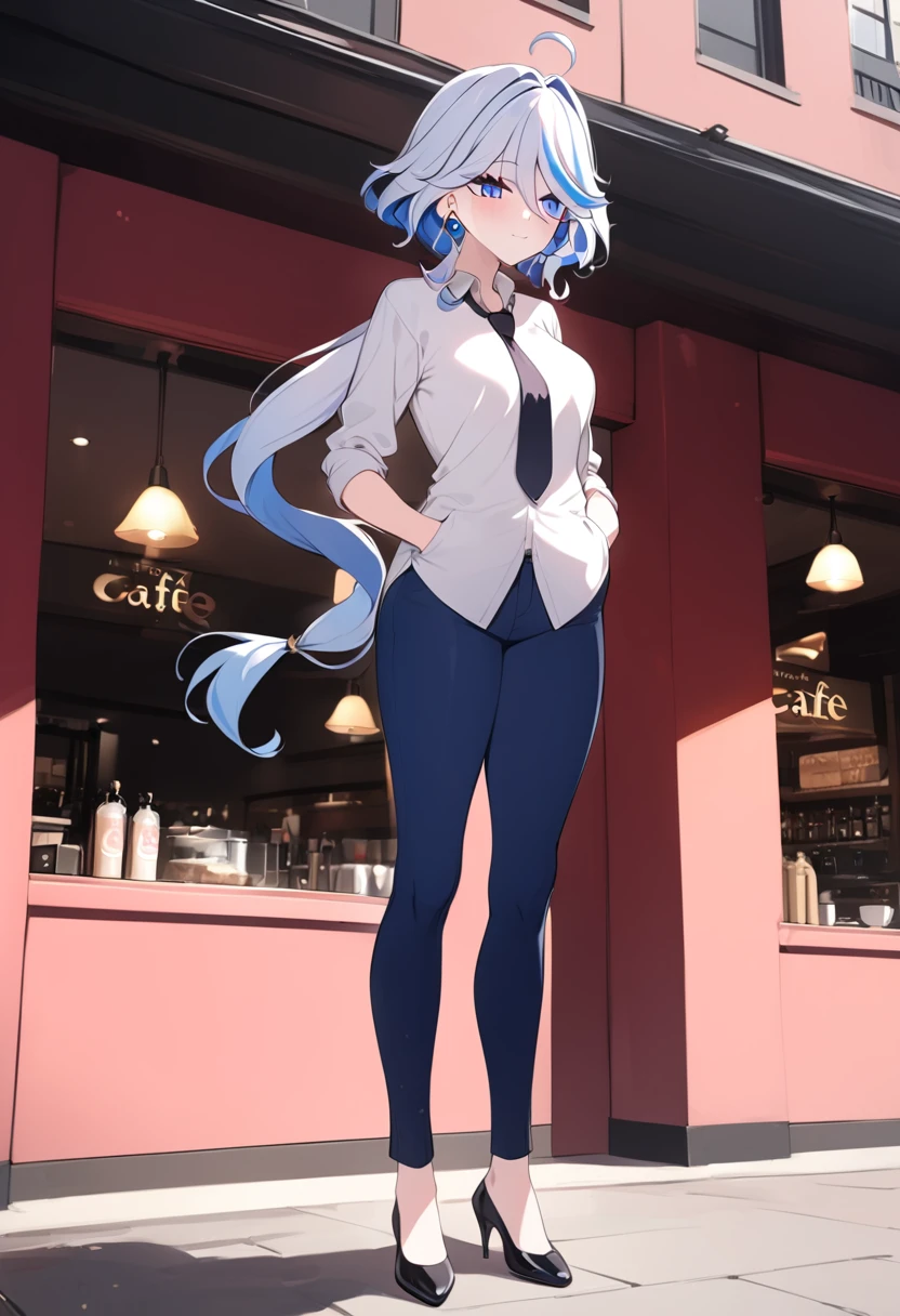 mature woman, long tied black hair, long nose, white polo, black necktie, fitted pants, tall woman, long legs, full body, tall woman, long legs, big , skinny legs, anime cover, 1girl, ear piercings, hands in pockets, adult-like look, cafe background,  furina , furina genshin impact