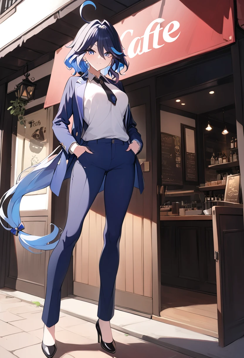 mature woman, long tied black hair, long nose, white polo, black necktie, fitted pants, tall woman, long legs, full body, tall woman, long legs, big , skinny legs, anime cover, 1girl, ear piercings, hands in pockets, adult-like look, cafe background,  furina , furina genshin impact