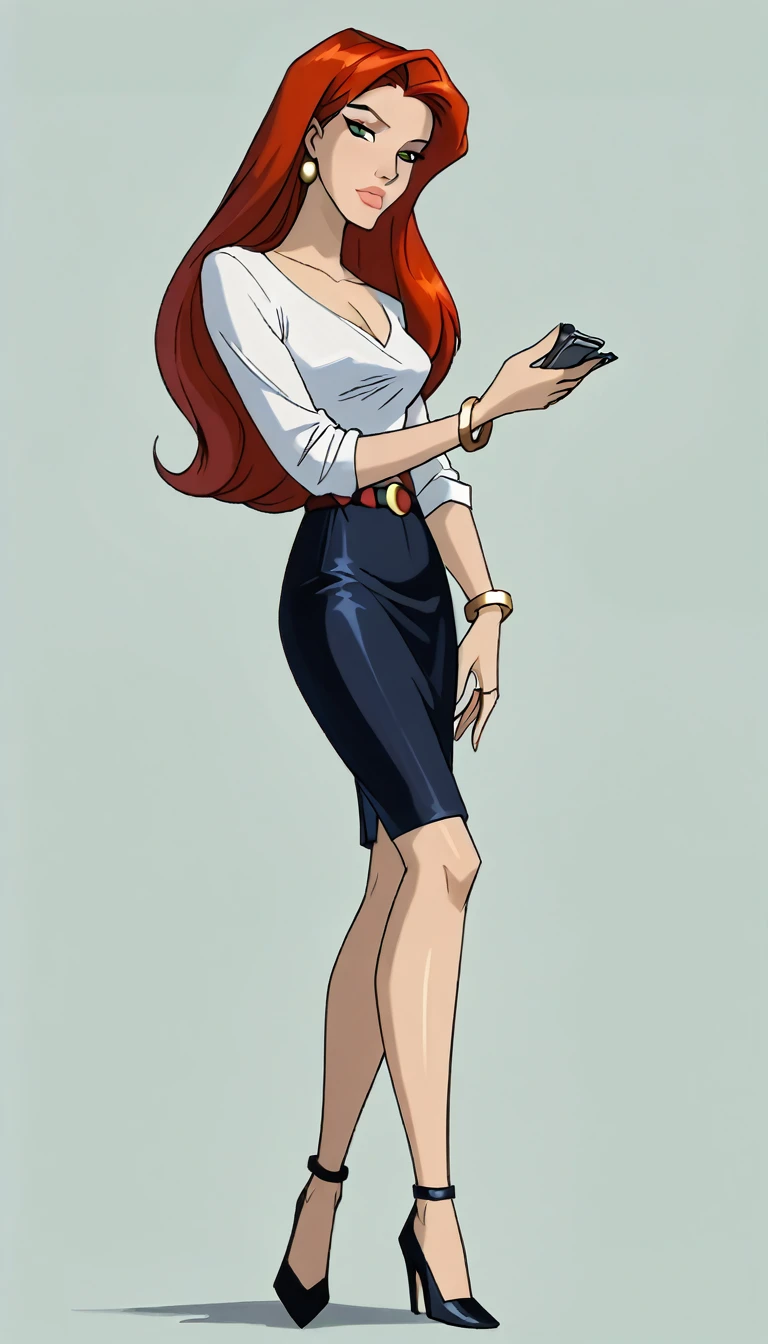 score_9, score_8_up, score_7_up, dcaustyle, 1girl, solo, very sexy (Jean Grey, Evolution, long hair, red hair, green eyes, retro artstyle:1.3), (beautiful waifu, thicc, long legs:1.2), (wearing tight pencil skirt, belt, blouse:1.4) cleavage, flirt, gaze, sexy look, half-closed eyes, head tilt, filled lips, thick lips, makeup, side view, (cowboy shot) expressiveh d4rk01l, perfect hands, perfect proportions, simple background.