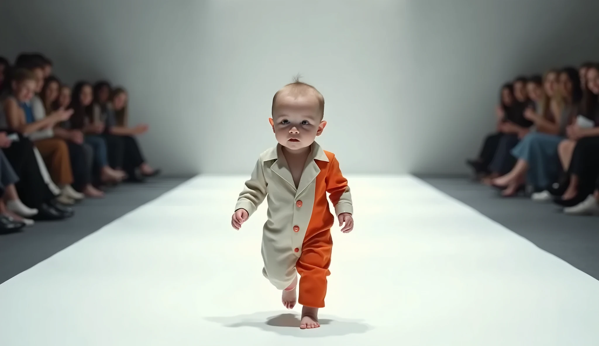 A newborn baby with a very large head, dressed in a Porsche suit and hat, at a realistic full-length fashion show