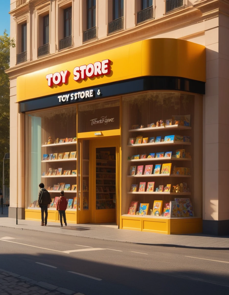 the building of the toy store with the name "Toy Store", view from the outside. The store stands along an empty road, it's noon, the sun is shining. The goods are visible through the glass facade