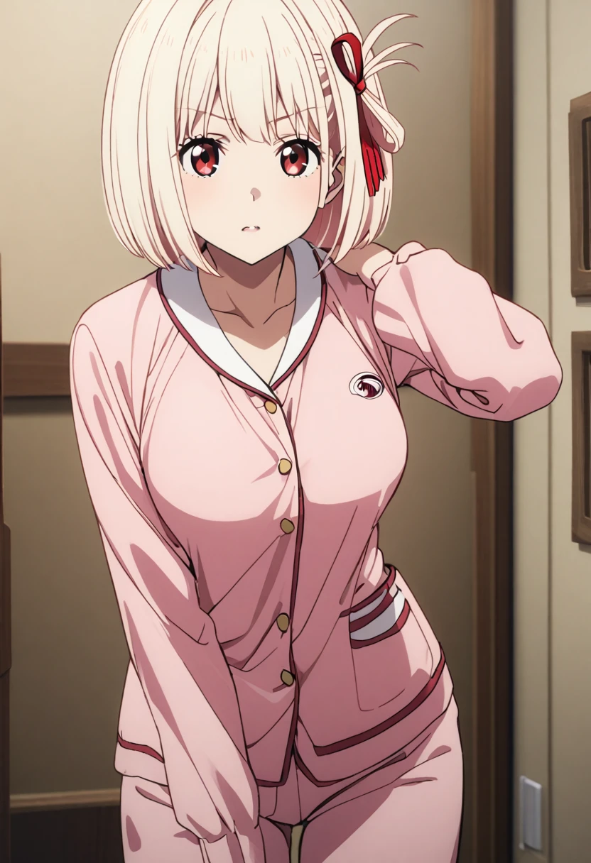 chisato nishikigi, short hair, bangs, blonde hair, red eyes, hair ribbon, one side up, bob cut, large breast, pink pajama, pants,  private room, solo,