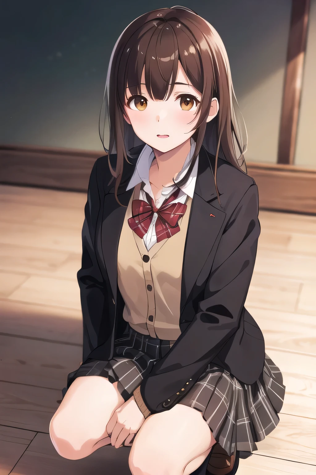 masterpiece, best quality, high resolution, 1 girl, brown hair, long hair, bangs, brown eyes, medium bust, red bow, school uniform, black jacket, open jacket, brown cardigan, white shirt, black skirt, plaid skirt, squatting, lying on the floor,