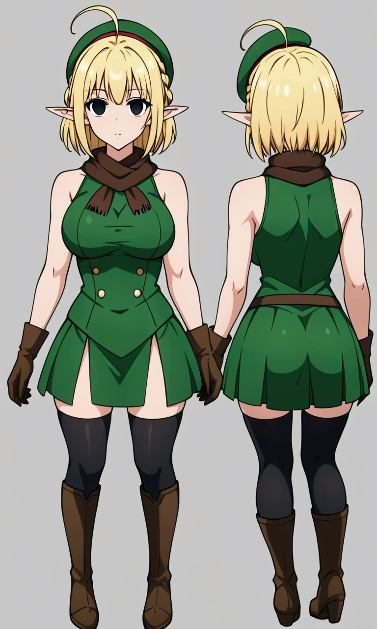 Parisian,1woman,elf,short hair,french braids,Blonde,(slender),ahoge,empty eyes,black eyes、big breasts,brown gloves,black elbow globes,(black thigh highs),(black mini beret)、Brown scarf、green crop top,sleeveless,green mini skirt,(brown knee boots),Thin thighs,full body,(character design sheet,same character,front,side,back)