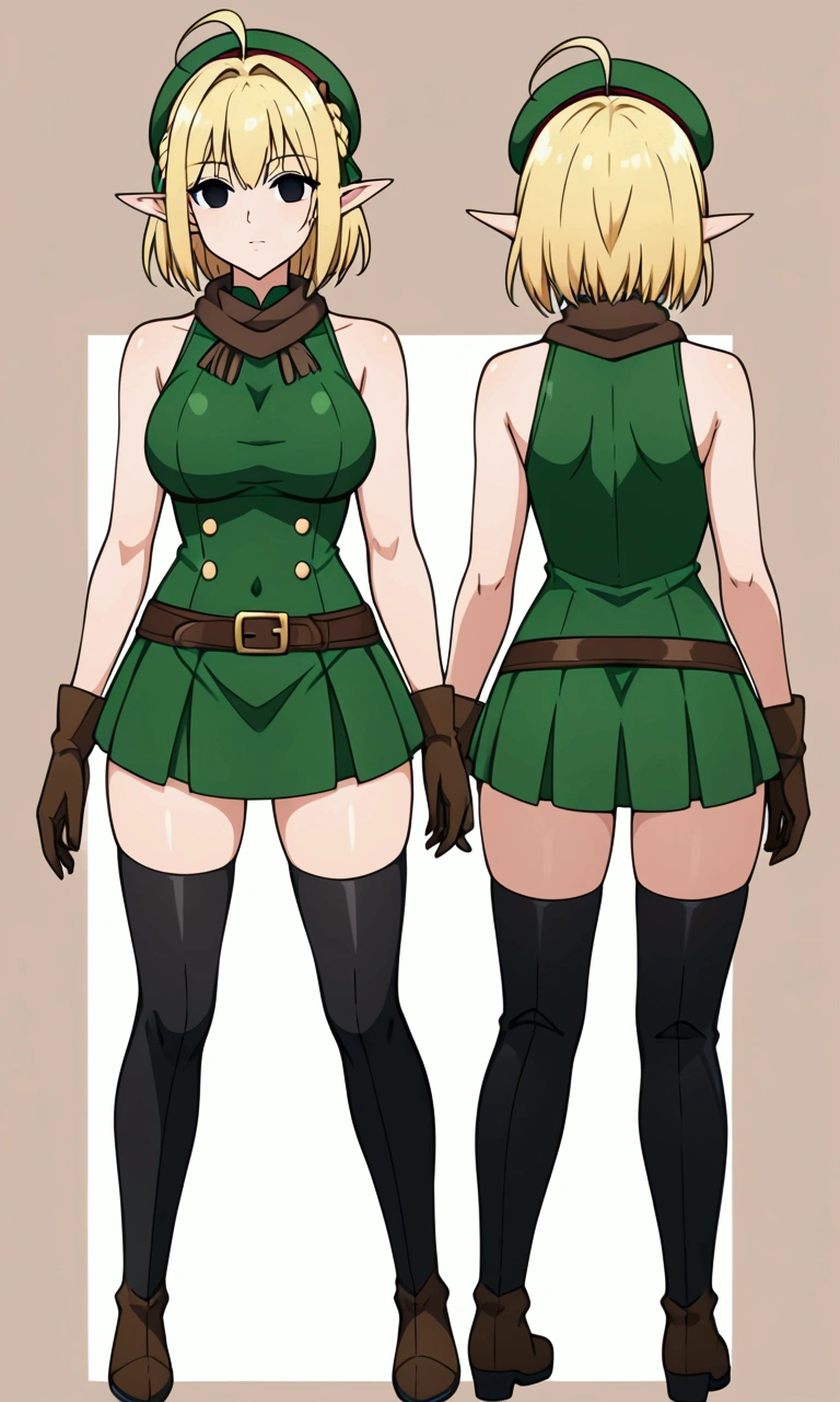 Parisian,1woman,elf,short hair,french braids,Blonde,(slender),ahoge,empty eyes,black eyes、big breasts,brown gloves,black elbow globes,(black thigh highs),(black mini beret)、Brown scarf、green crop top,sleeveless,green mini skirt,(brown knee boots),Thin thighs,full body,(character design sheet,same character,front,side,back)