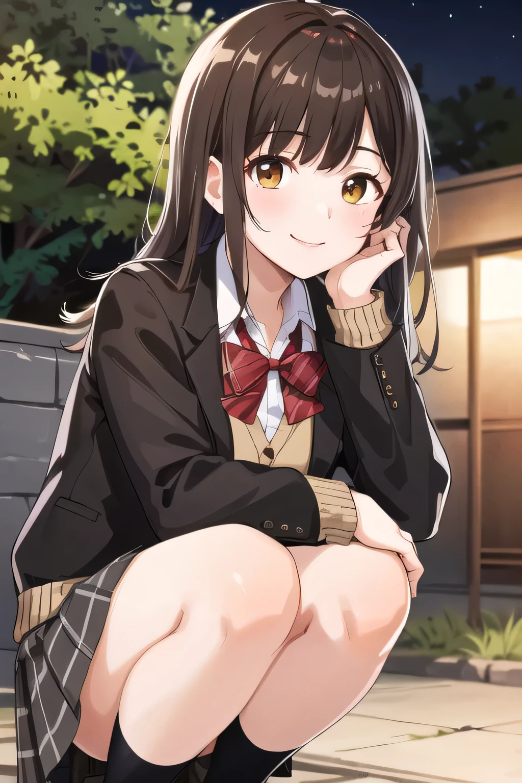 masterpiece, best quality, high resolution, 1 girl, brown hair, long hair, bangs, brown eyes, medium bust, red bow, school uniform, black jacket, open jacket, brown cardigan, white shirt, black skirt, plaid skirt, squatting, night outdoors, under a tree, smile