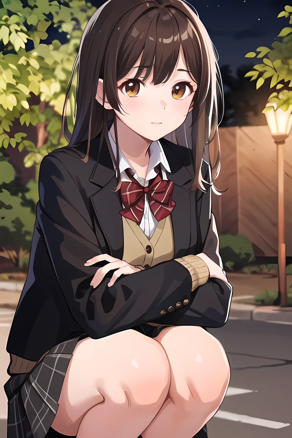 masterpiece, best quality, high resolution, 1 girl, brown hair, long hair, bangs, brown eyes, medium bust, red bow, school uniform, black jacket, open jacket, brown cardigan, white shirt, black skirt, plaid skirt, squatting, night outdoors, under a tree