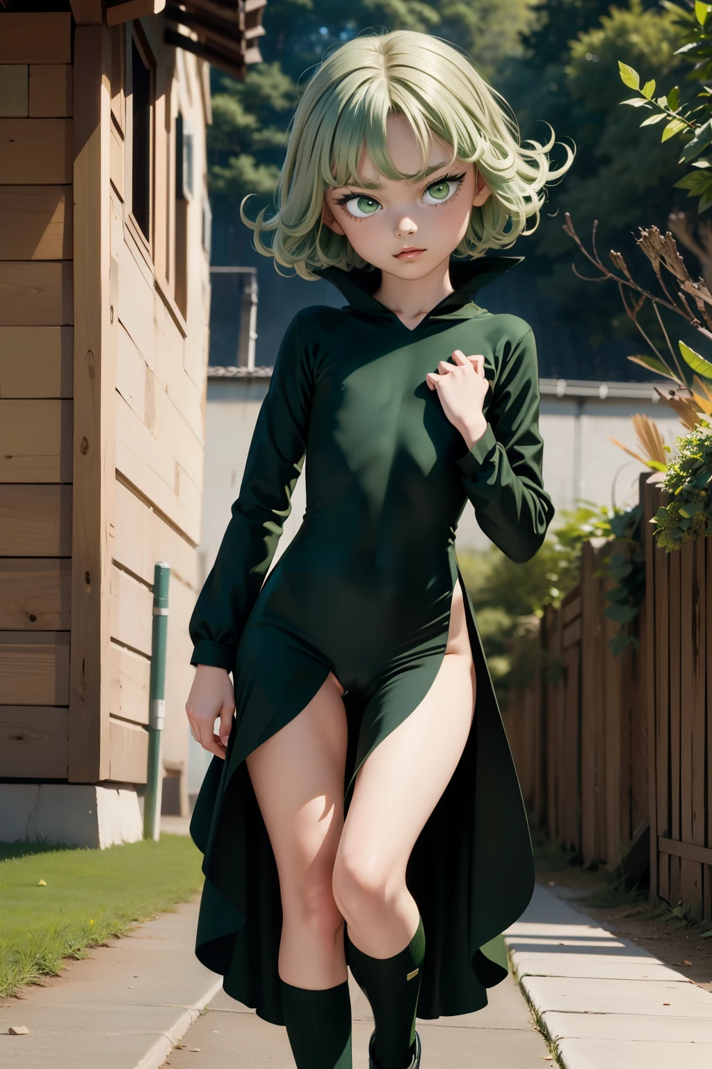 Mantis X, Tatsumaki, short hair, curly hair, green hair, (green eyes:1.5), long sleeves, dress, 1girl, l0li, 10yearsold, childish body, teen, thin, skinny, slim, young pretty face, thin lips, short stature, compact body, petite limbs, broad pelvis, wide hips, thick thighs, huge ass, small chest, cameltoe, cunny, cute, smug, simple background, full body, hands free,