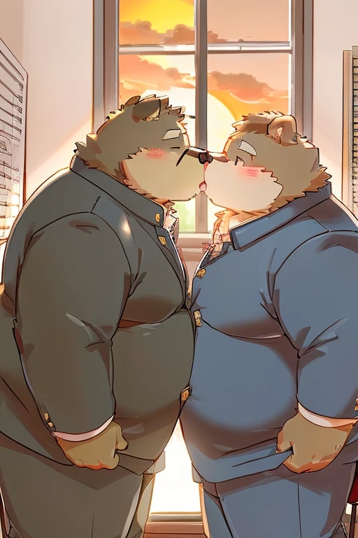 Weight gain、Being overweight、（（male））（（Dog and bear））、fur、Fluffy、cute、blush（（Wearing gakuran））（（teacher、student、School、classroom、Desk and chair、Study、During class)）（（夕方のclassroom、Sunset from the window））（（Kissing））