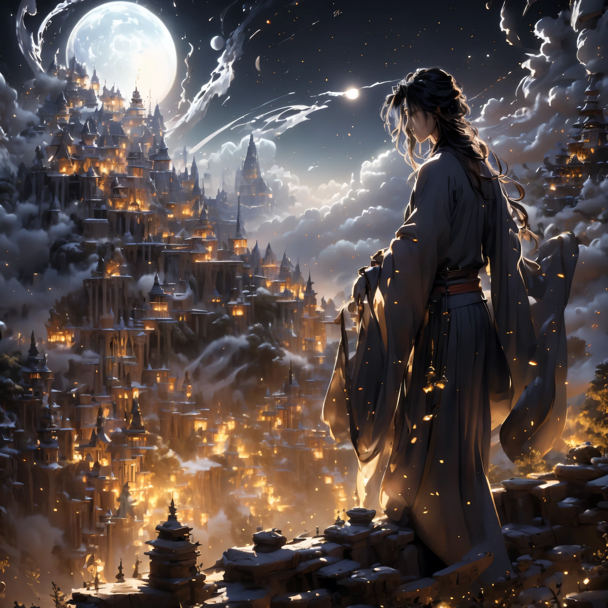 a handsome black haired long haired youth playing flute, Chinese landscape, bamboo forest, ancient Chinese architecture, pagodas, mountains, starry night sky, (best quality,4k,8k,highres,masterpiece:1.2),ultra-detailed,(realistic, photorealistic,photo-realistic:1.37),intricate details,vibrant colors,dramatic lighting,chinese aesthetics,cinematic composition, wei wuxian, handsome black haired long haired youth, playing flute, chinese landscape, bamboo, pagodas, chinese architecture, chinese aesthetics, mountains, starry night, fairytale atmosphere, fireflies, big beautiful moon