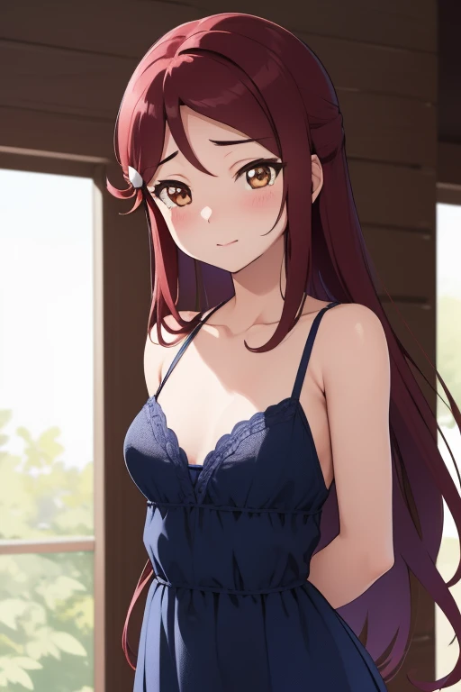 Riko Sakurauchi, Brown eyes, Eyes between the hair, Long Hair, Red Hair, Small breasts, Blue sexy lingerie,A look that tempts men,Watching the audience, standing, From below, Lean forward, Place your arms behind your back, masterpiece, Best Quality, High resolution, Unity 8K Wallpapers, nsfw, Illustration, Beautiful attention to detail, Highly detailed face, perfect lighting, High-definition CG, Perfect hands, Perfect Anatomy